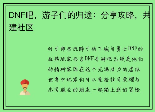 DNF吧，游子们的归途：分享攻略，共建社区