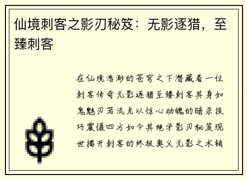 仙境刺客之影刃秘笈：无影逐猎，至臻刺客