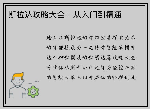斯拉达攻略大全：从入门到精通