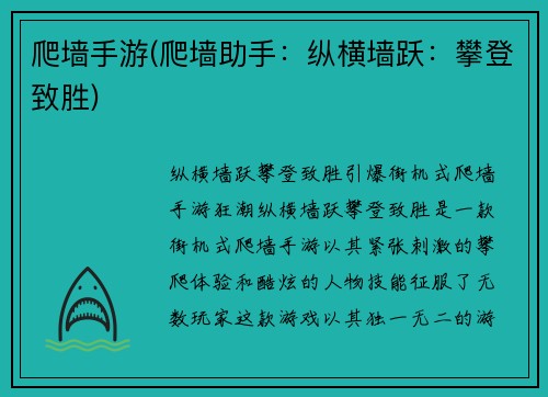 爬墙手游(爬墙助手：纵横墙跃：攀登致胜)