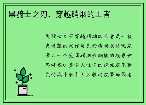 黑骑士之刃，穿越硝烟的王者