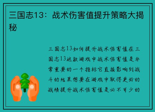 三国志13：战术伤害值提升策略大揭秘