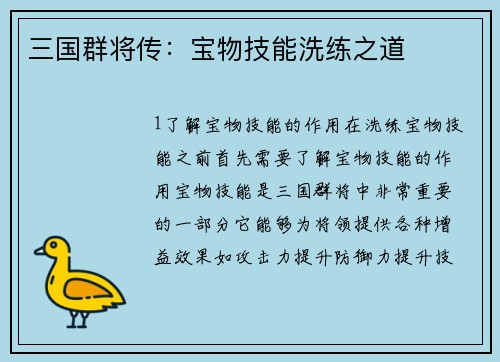 三国群将传：宝物技能洗练之道